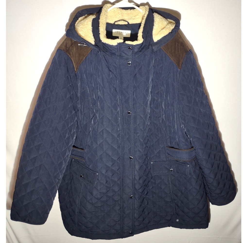 Laundry‎ by Shelli Segal Quilted Hooded Jacket Navy Blue Sherpa Lined Womens 3X